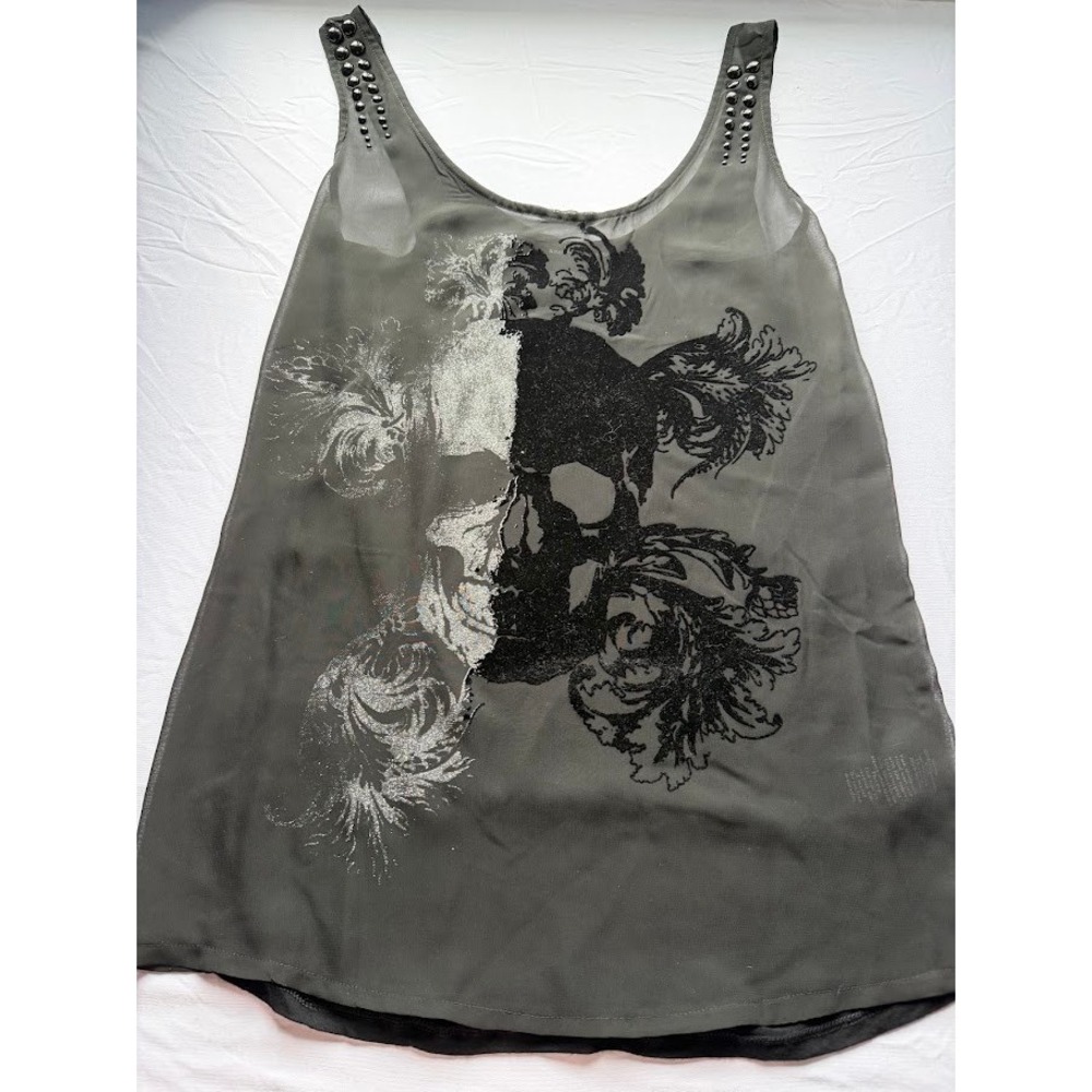 Rock & Republic Womens Black Skull Studded Tank Top Glitter Sheer Front Medium